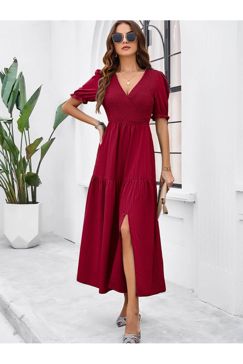 CWDMD2403_V-Neck Smocking Short Sleeve Split Midi Dress