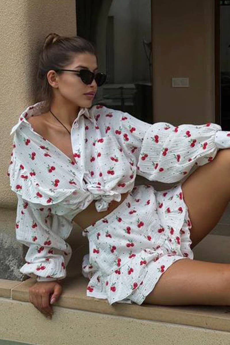 CWSTB1809_COTTON FLORAL RUFFLE SHIRT & SHORTS SET