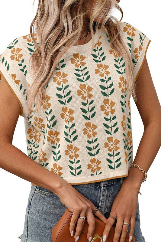 CWTBLS1714_NAVEL-BARING COLOR-BLOCK KNITTED FLOWER SWEATER