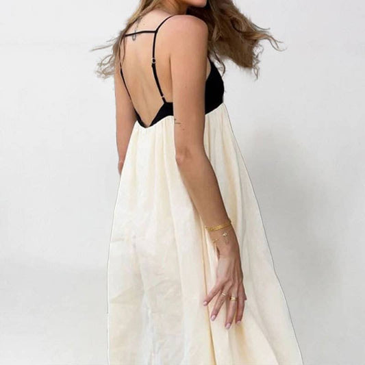 Chic black & white colorblock backless midi dress