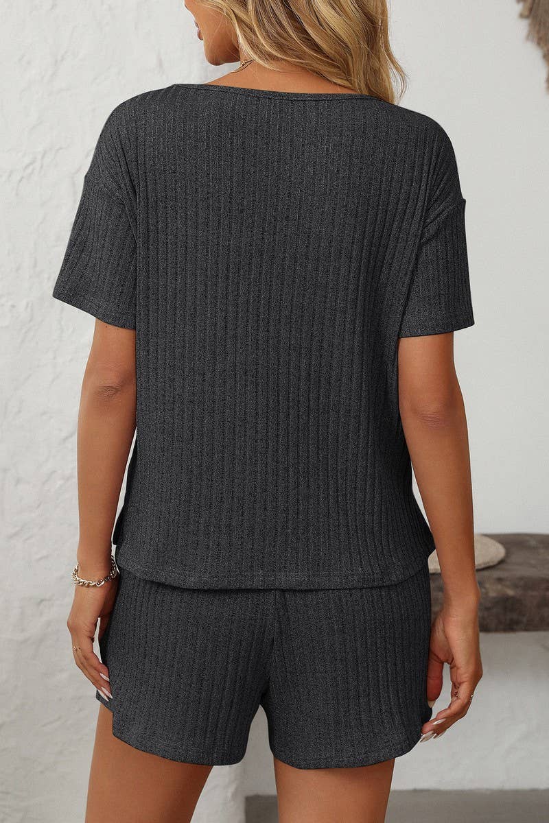 CWSTB1663_SOLID COLOR STRIPED SHORT-SLEEVED HOME WEAR SUIT