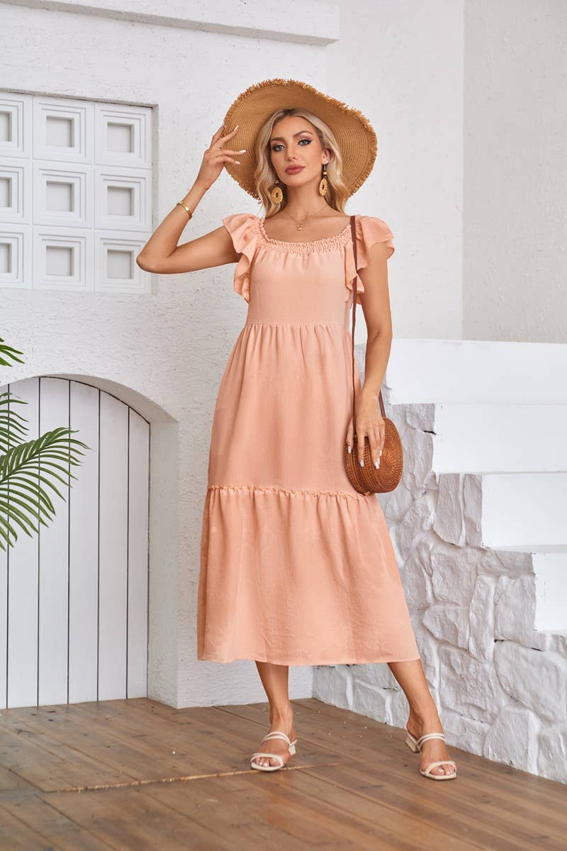 Fly-sleeve square neck off-the-shoulder dress