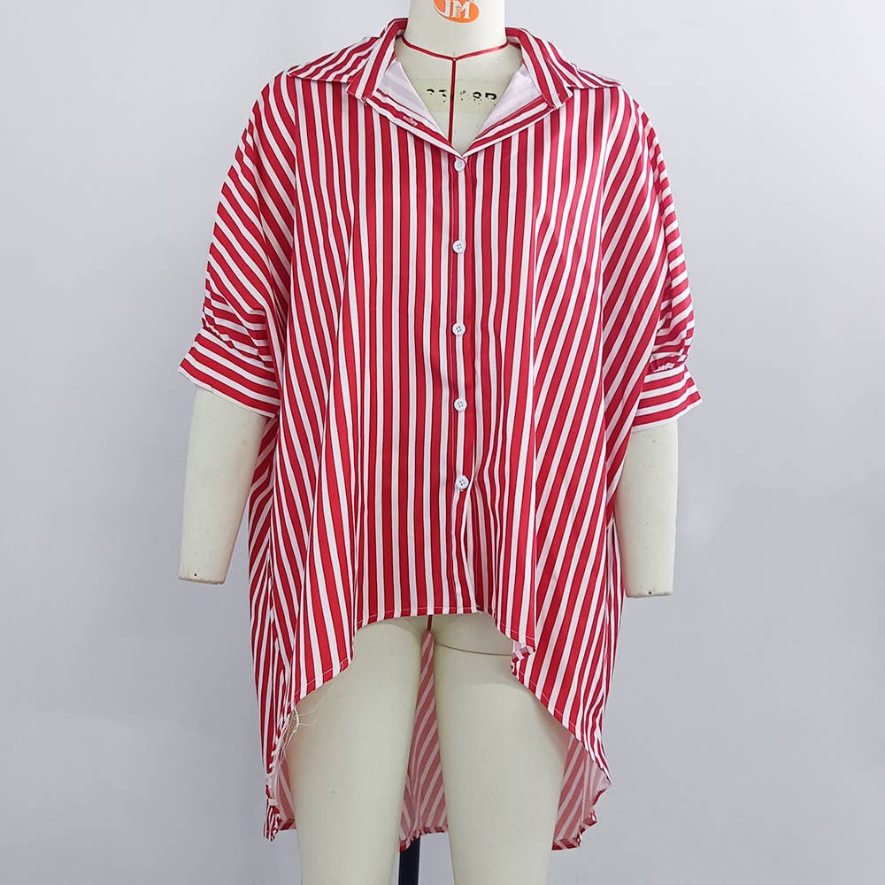 BAT-SLEEVED LOOSE DOVETAIL TREND STRIPED SHIRT