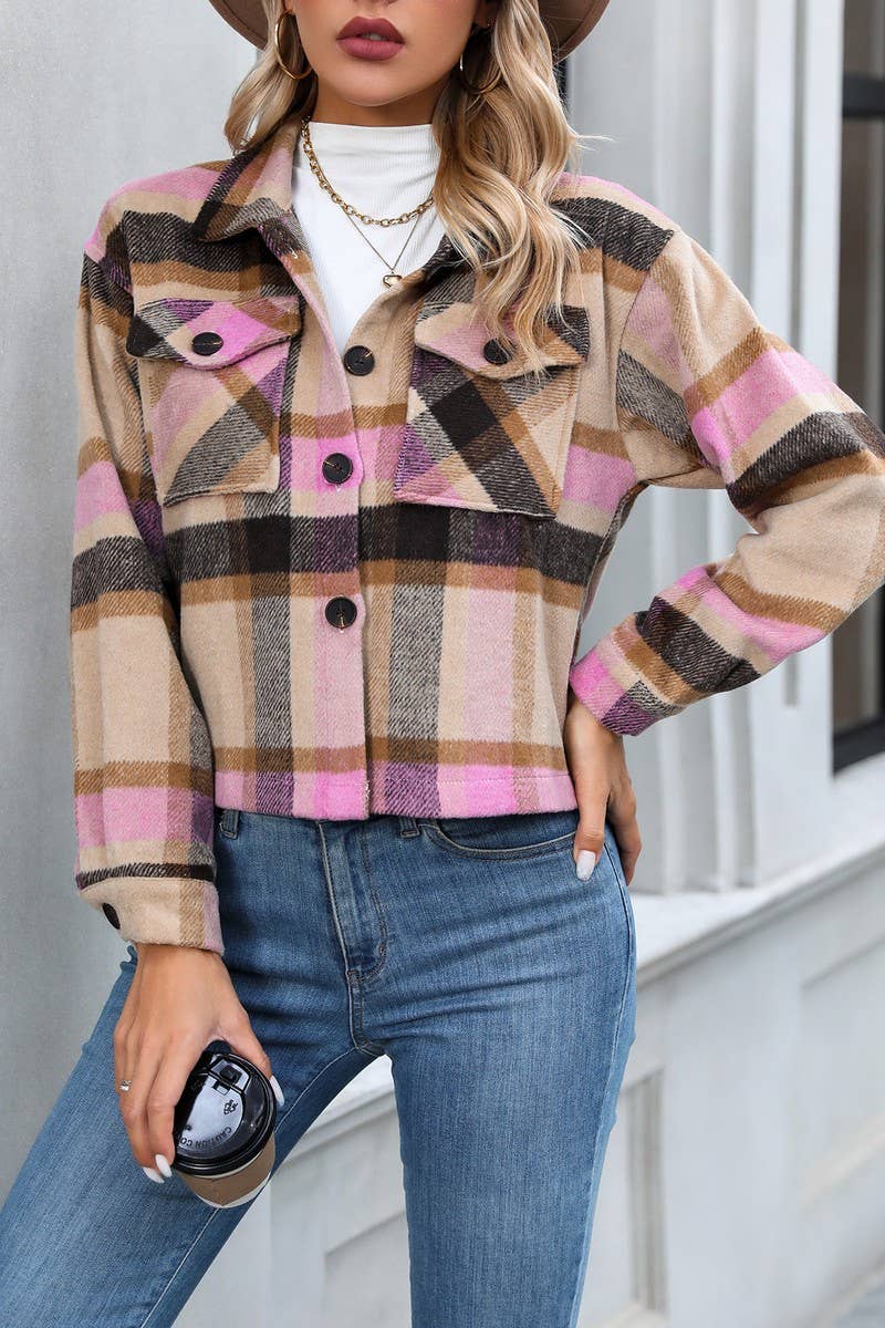 CWOCO1100_LAPEL LONG SLEEVE POCKET PLAID SHORT COAT