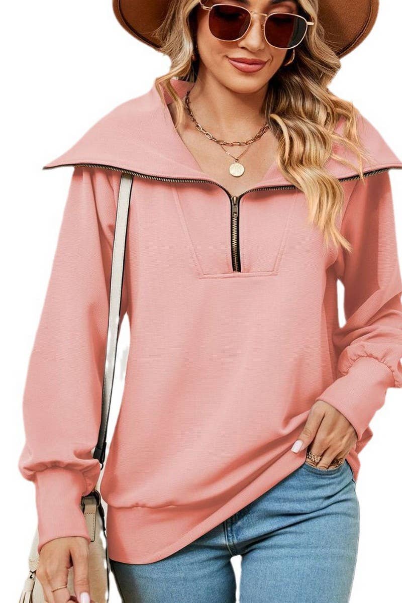 CWTBLL2400_SOLID COLOR ZIPPER LAPEL LOOSE SHAWL SWEATSHIRT