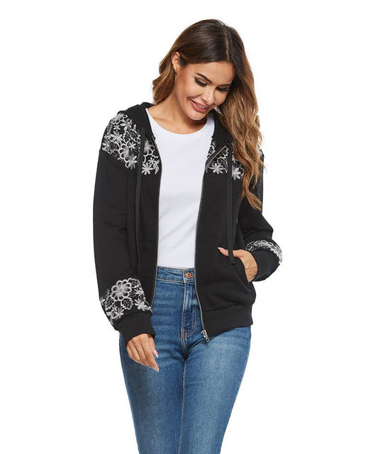 DESIGN SENSE EMBROIDERY HOODED TOP CARDIGAN COAT