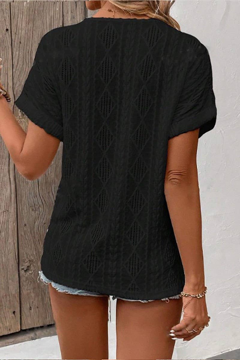 CWTBLS1794_V-NECK BUTTON-DOWN SHORT-SLEEVED TOP T-SHIRT