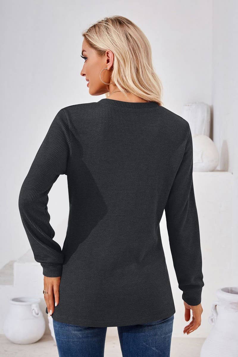 CWTBLL01312_V NECK BUTTON SOLID LONG SLEEVE LOOSE TEE