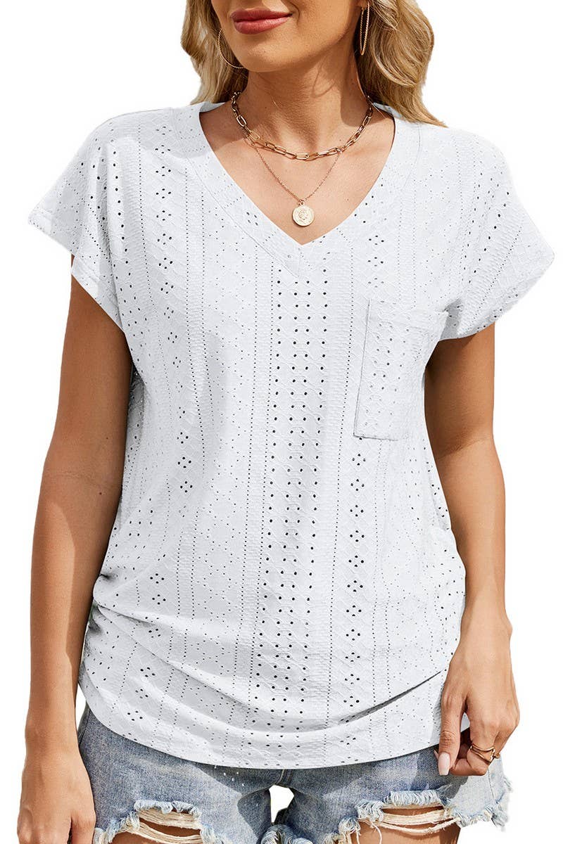 CWTBLS1730_SOLID COLOR V-NECK POCKET SHORT-SLEEVED TOP