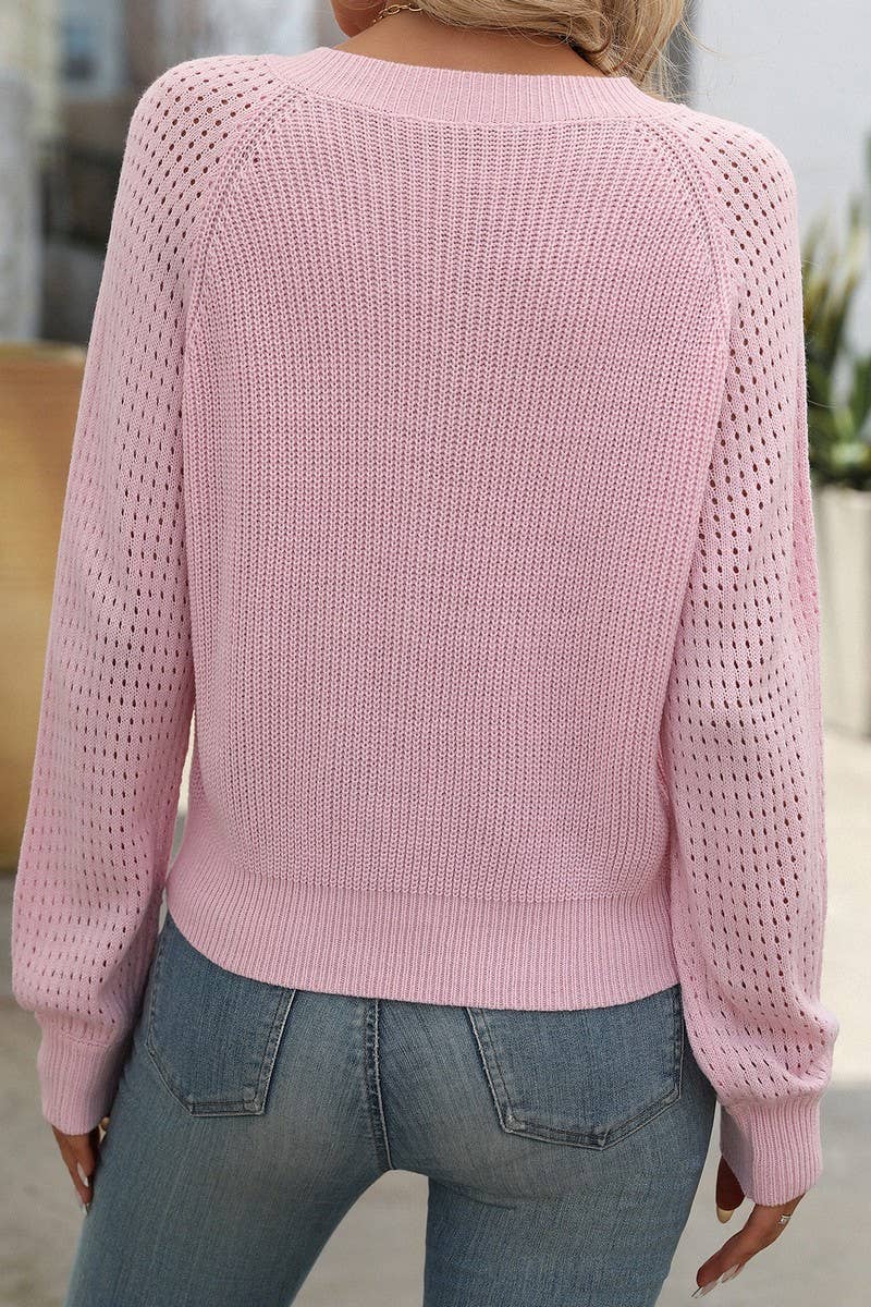 CWOSWL4202_HOLLOW V-NECK LONG-SLEEVED KNITTED SWEATER