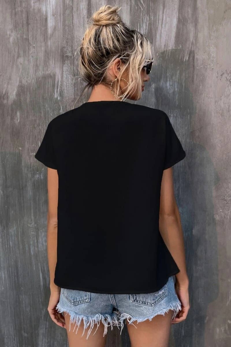 CWTBLS1130_SHORT SLEEVE LACE-UP EMBROIDERED BAT SLEEVE TOP