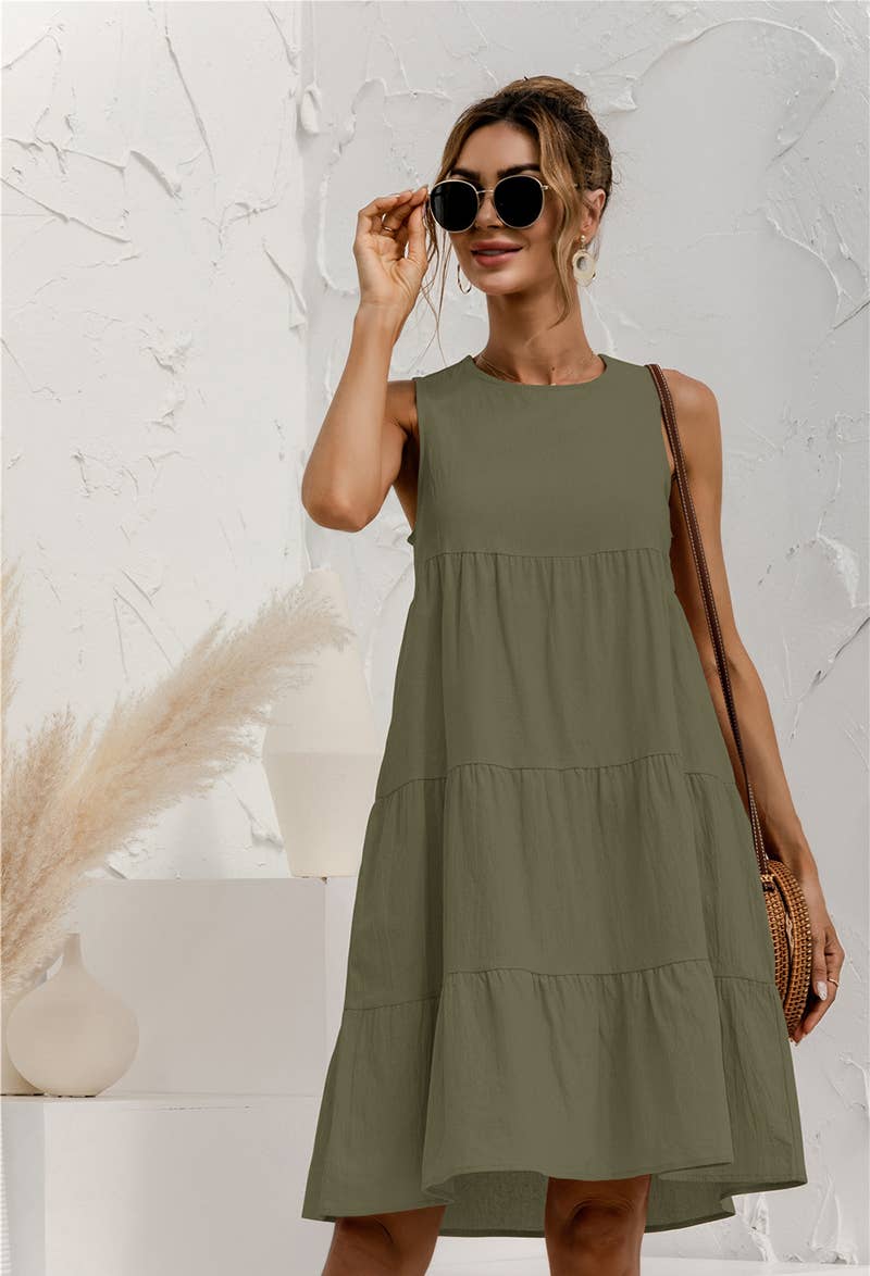 CWDTD0408_ROUND NECK SLEEVELESS PATCHWORK LOOSE SWING DRESS