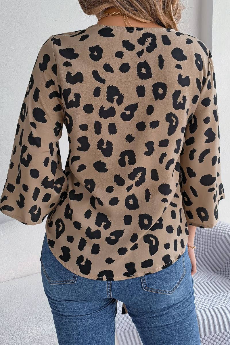 CWTSTL1203_CASUAL LEOPARD PRINT LACE-UP CHIFFON SHIRT TOP