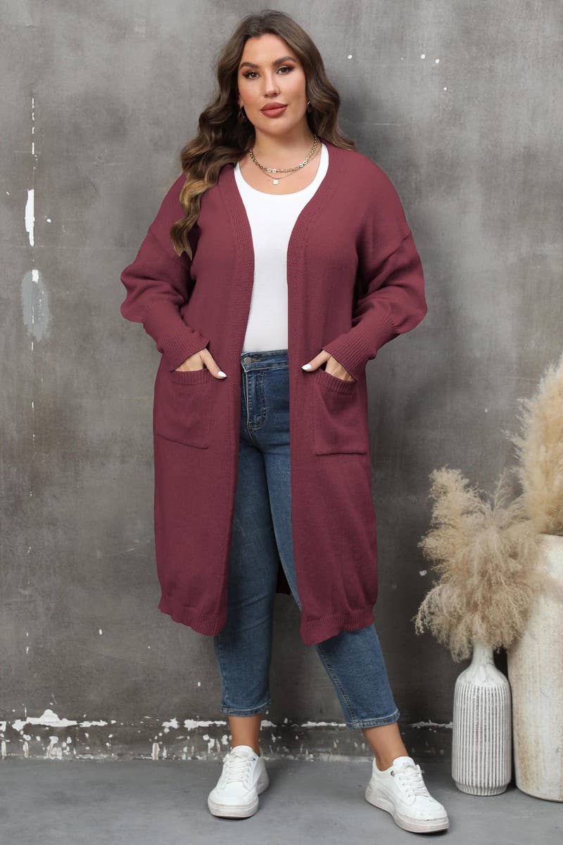 CWOSWL07381_PLUS SIZE WOMEN LONG KNIT CARDIGAN SWEATER