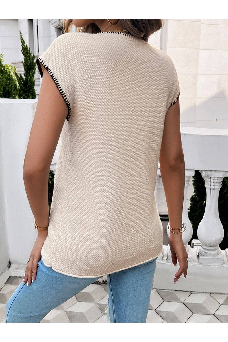 CWTTSL0266_Crew Neck Short Sleeve Casual Knit Vest Top