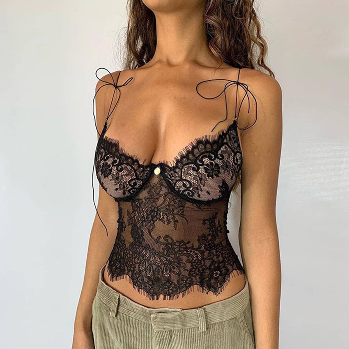 Deep V see-through lace tight halter top