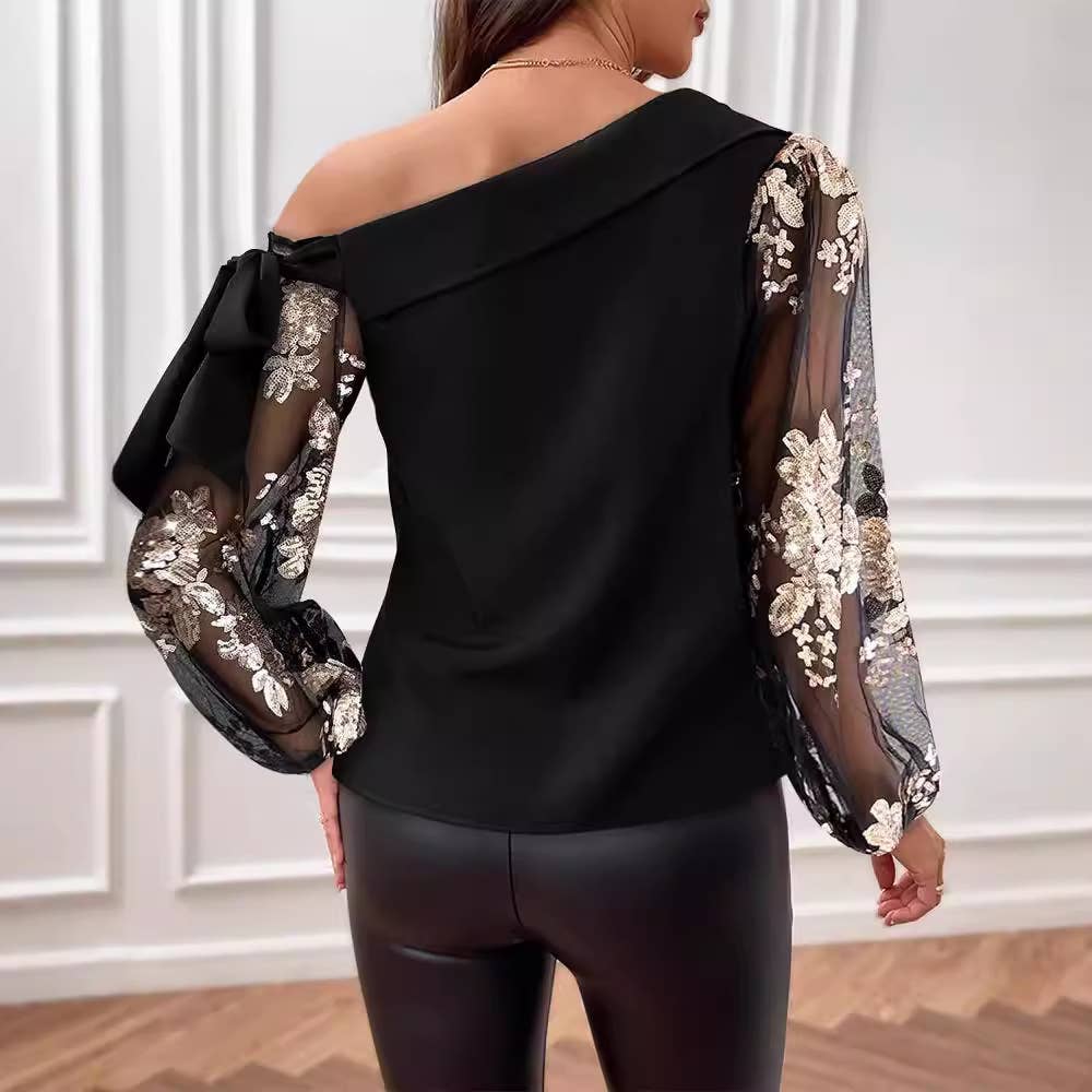 DIAGONAL SHOULDER LACE-UP PATCHWORK BEAD MESH TOP