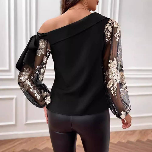 DIAGONAL SHOULDER LACE-UP PATCHWORK BEAD MESH TOP