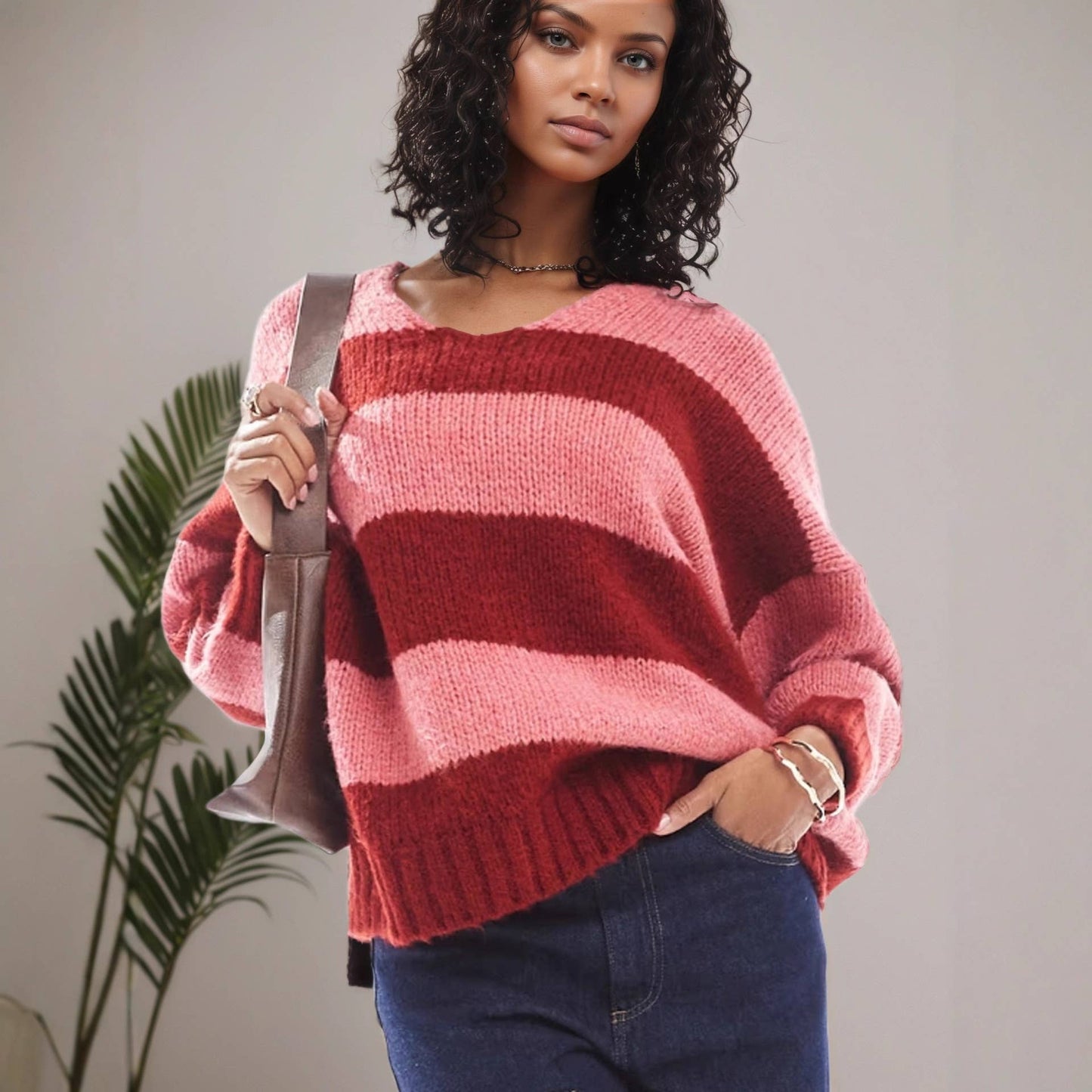 Color-blocking striped knitted sweater