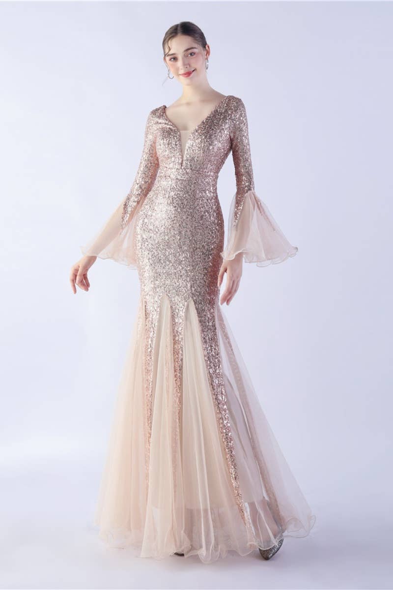 CWDMD3627_WAVY MESH BANQUET STAGE SEQUIN DRESS DRESS LONG