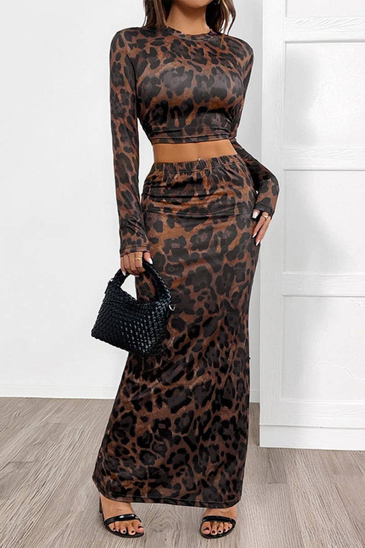 CWSTB2097_LEOPARD PRINT SLIM FIT SPLIT SKIRT SET