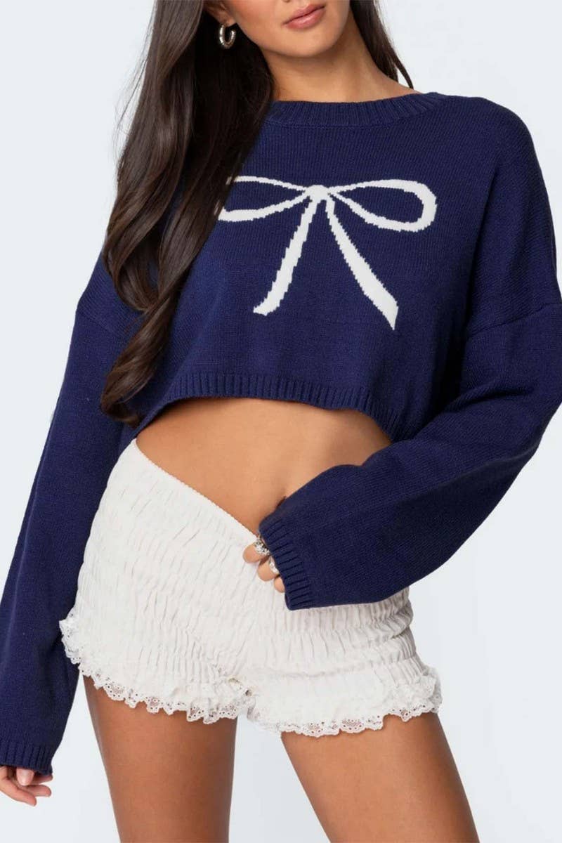 CWOSWL6868_CUTE BOW TIE CROPPED KNIT PULLOVER SWEATER