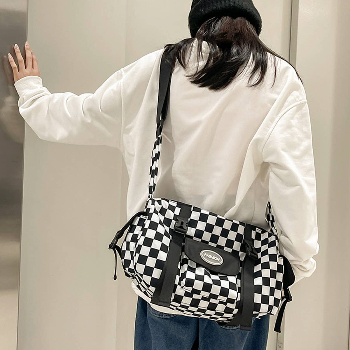 PLAID LARGE CAPACITY SHOULDER CANVAS BAG_CWAB1600