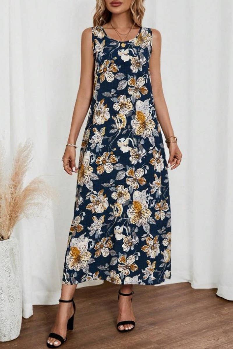 CWDMD5872_SLEEVELESS FLORAL PRINT ROUND NECK A-LINE DRESS