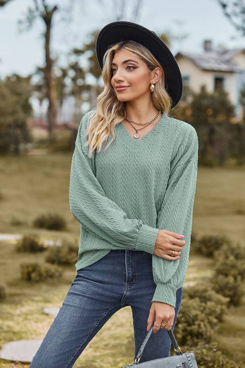 CWTBLL2410_SOLID COLOR V-NECK LOOSE LONG-SLEEVED T-SHIRT TOP
