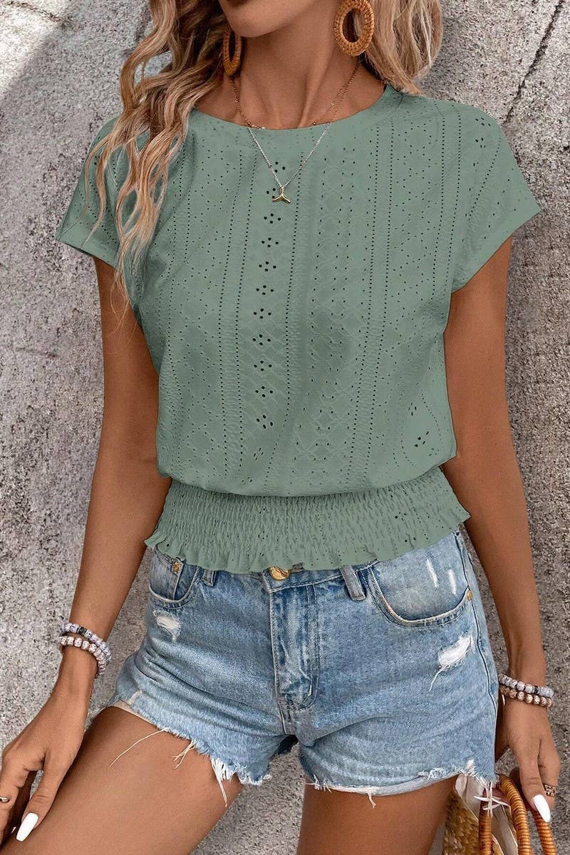 CWTBLS1793_ROUND NECK JACQUARD HOLLOW SHORT SLEEVE TOP