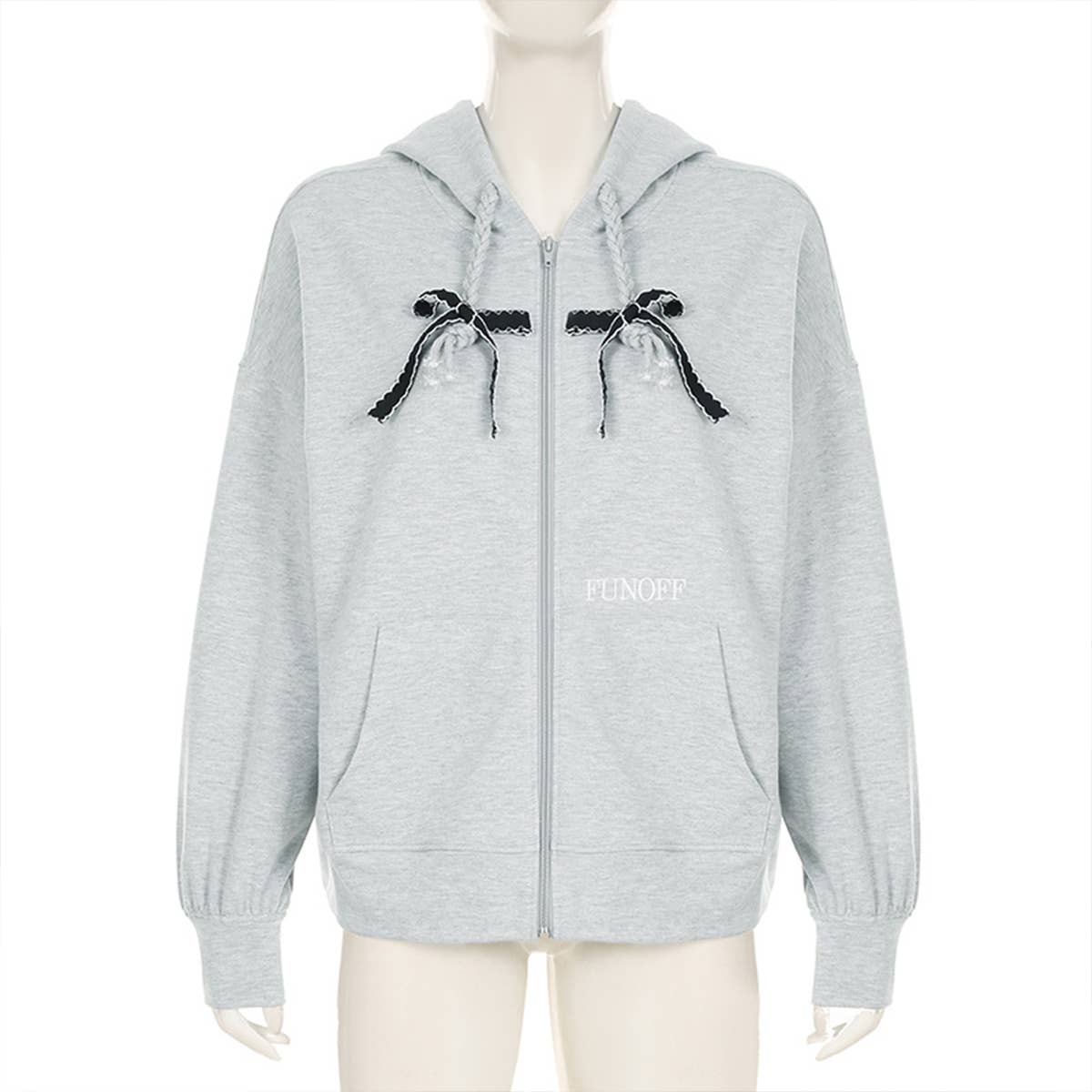 BRAID DRAWSTRING LOOSE ZIPPER CARDIGAN HOODIE