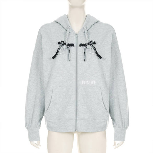 BRAID DRAWSTRING LOOSE ZIPPER CARDIGAN HOODIE