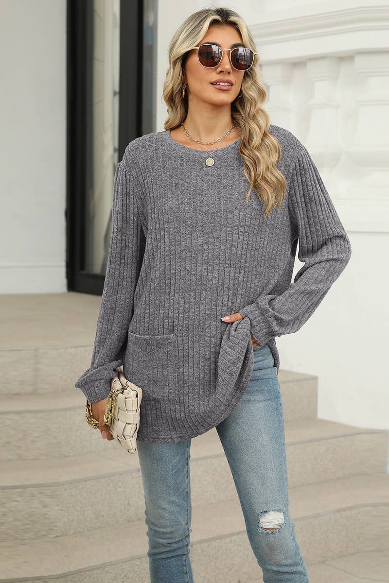 CWTBLL1118_CASUAL ROUND NECK POCKET PUFF SLEEVE LOOSE TOP