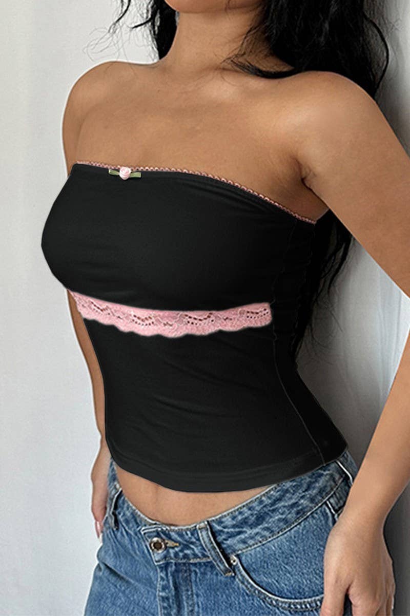 CWTTT0036_CONTRAST LACE PATCHWORK FITTED TUBE TOP