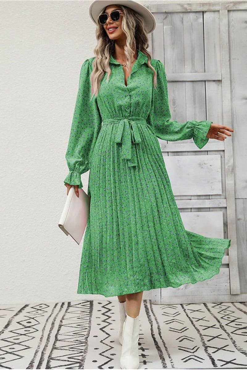 CWDMD4102_TIE-STRAP PLEATED LONG-SLEEVED SWING DRESS