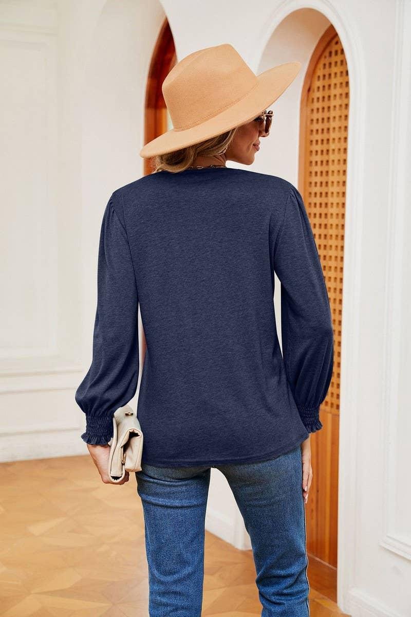 CWTBLL2396_V NECK LACE TRIM LONG SLEEVE LOOSE PULLOVER