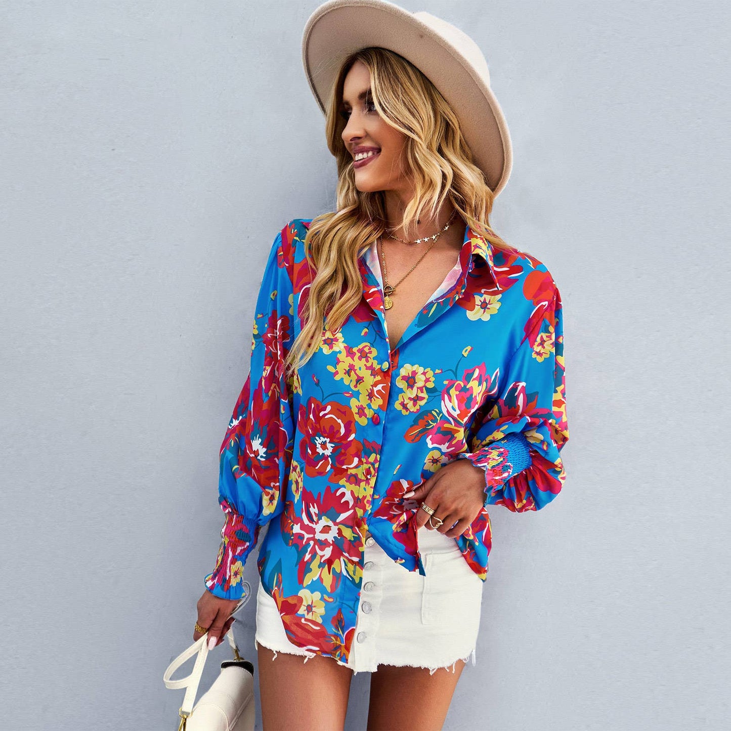 COLOR CONTRAST PRINT LOOSE CASUAL SHIRT FOR WOMEN