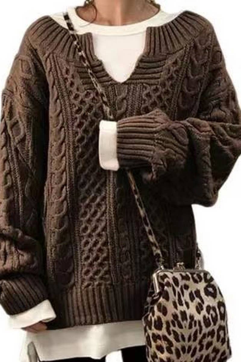 CWOSWL07652_SOLID COLOR LOOSE LONG-SLEEVED CABLE SWEATER