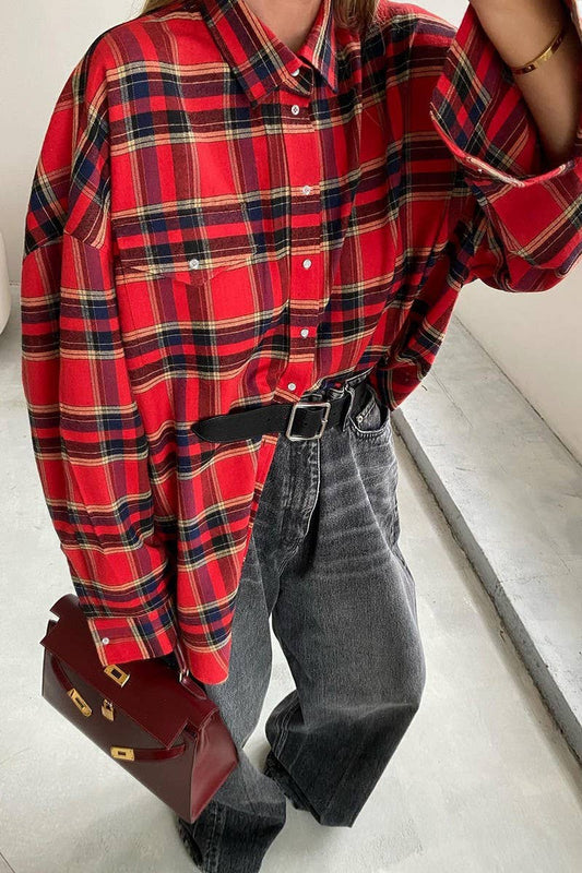 CWTBLL3354_RETRO PLAID LOOSE LONG-SLEEVED SHIRT TOP