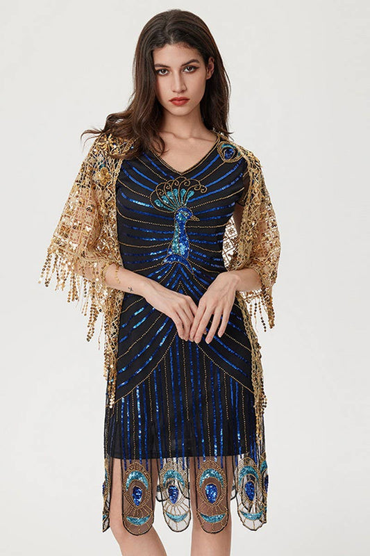 CWDHL1051_V-NECK VINTAGE SEQUIN TASSEL PARTY DRESS