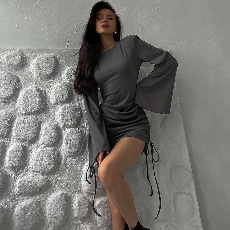 Flared sleeve drawstring hip-hugging dress