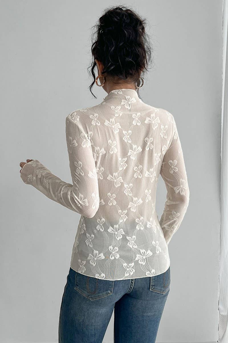 CWTBLL3922_BUTTERFLY JACQUARD MESH MOCK NECK SLIM FIT TEE