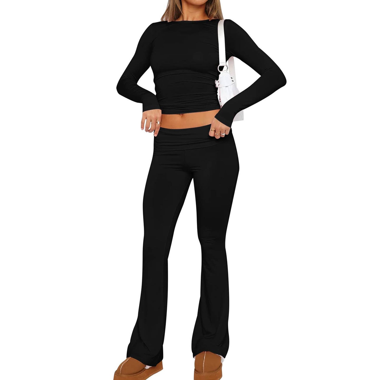 Crop top long sleeve flared trousers slim suit