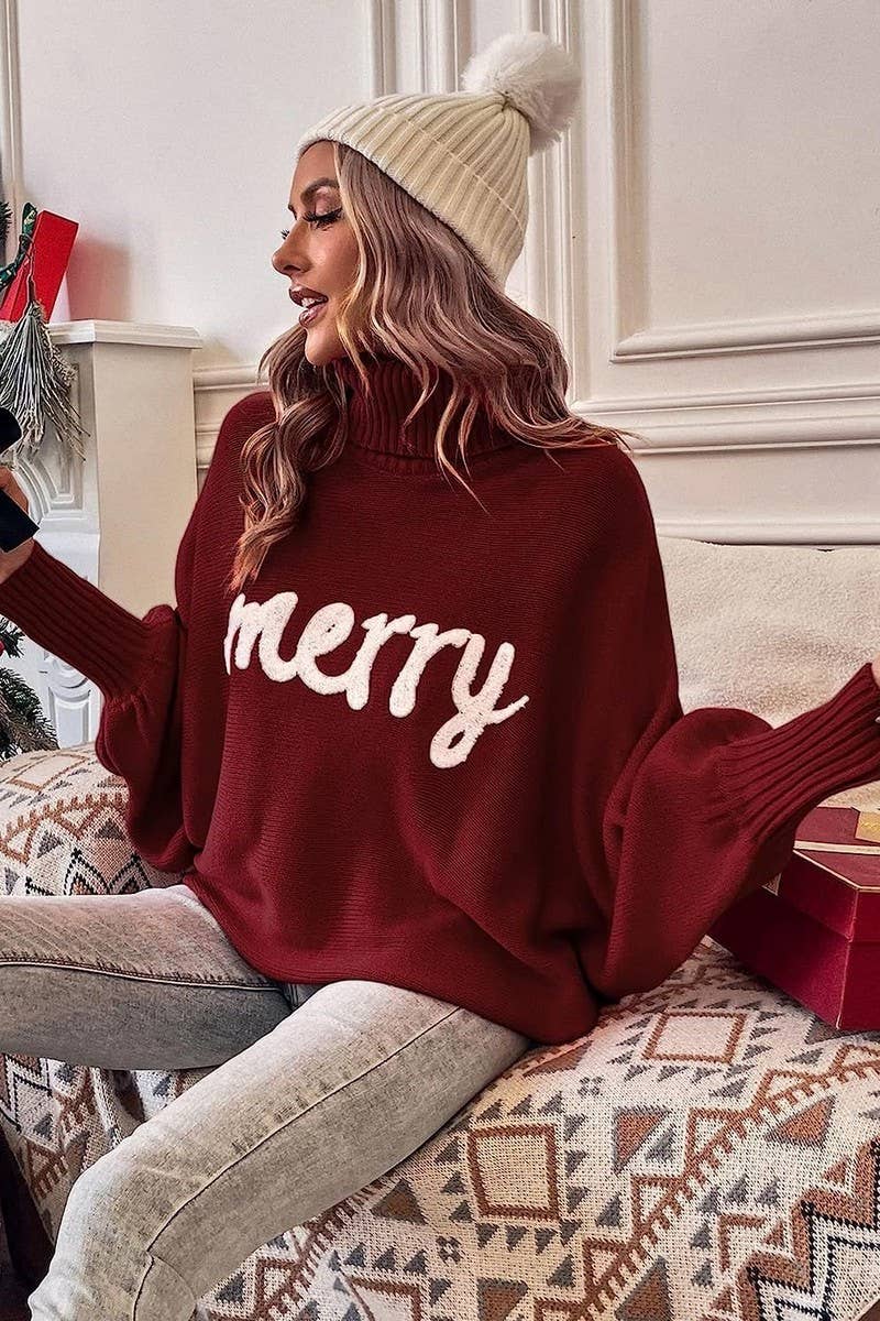 CWOSWL6261_EMBROIDERED BAT SLEEVE CHRISTMAS SWEATER