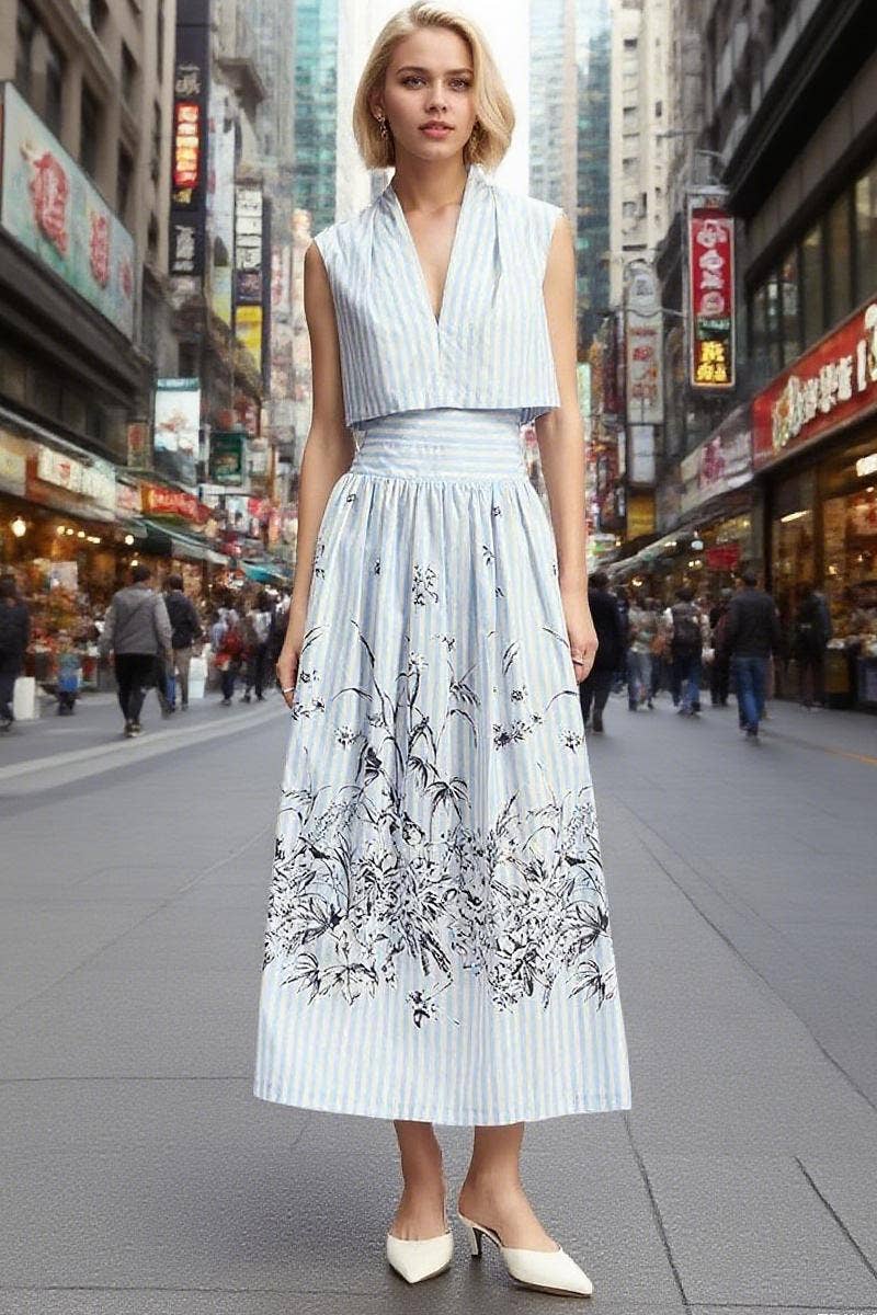 CWDMD6372_STRIPED V-NECK PRINTED SLEEVELESS DRESS