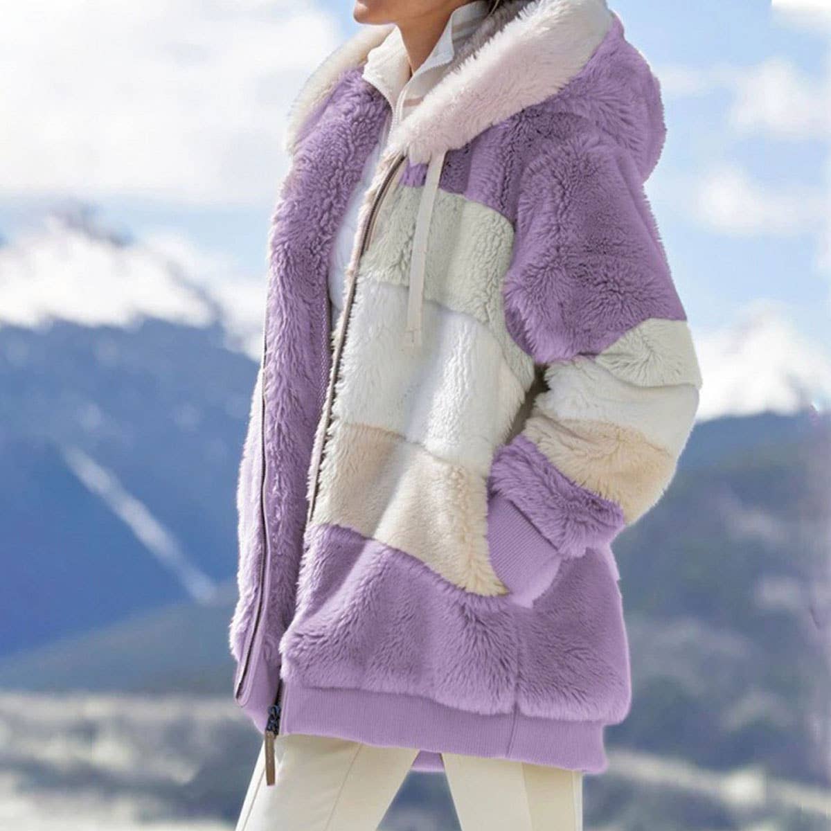 FLEECE PATCHWORK ZIPPER POCKET HOODED JACKET
