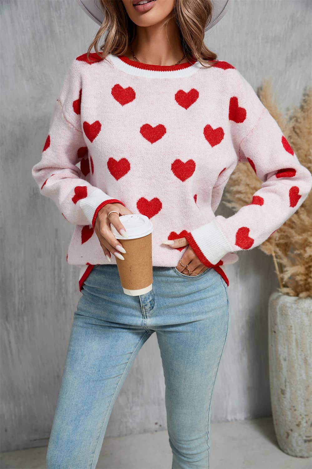 Color contrast heart long sleeve knit sweater