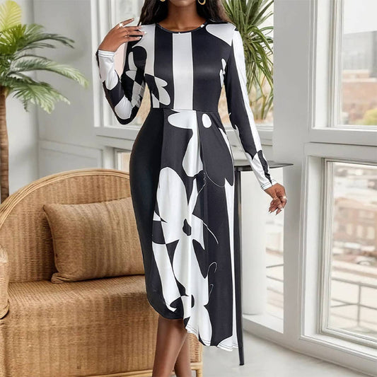 CREW NECK SLIM IRREGULAR PRINT DRESS