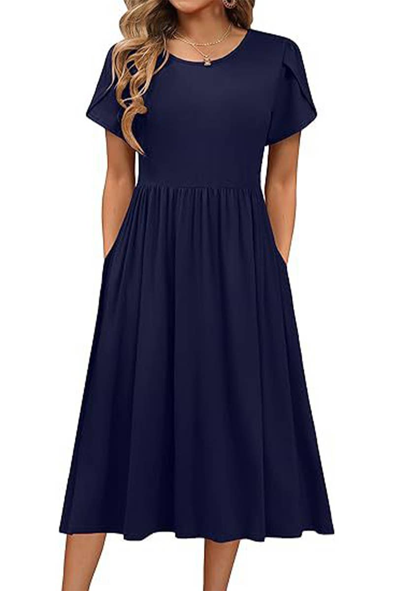 CWDMD6365_ROUND NECK PETAL SLEEVES MIDI PRINT DRESS