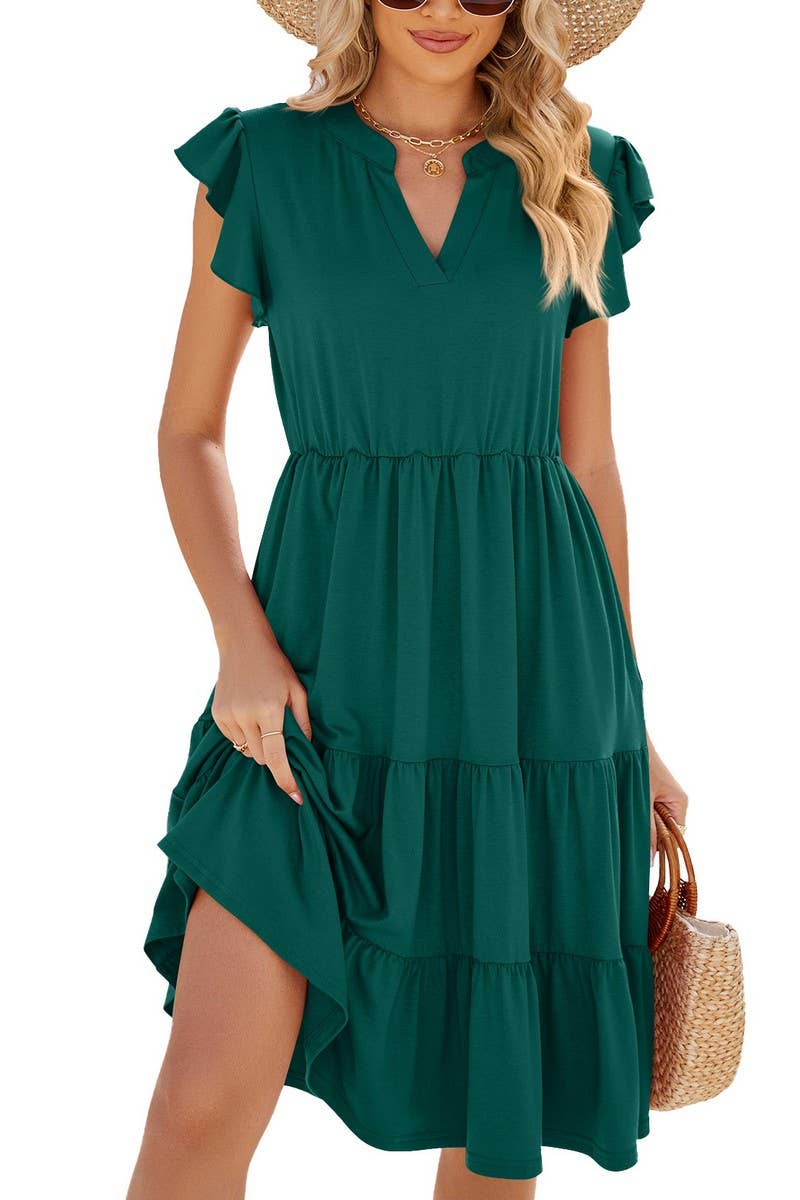 CWDMD2224_V-NECK RUFFLE SLEEVE SOLID COLOR CASUAL DRESS